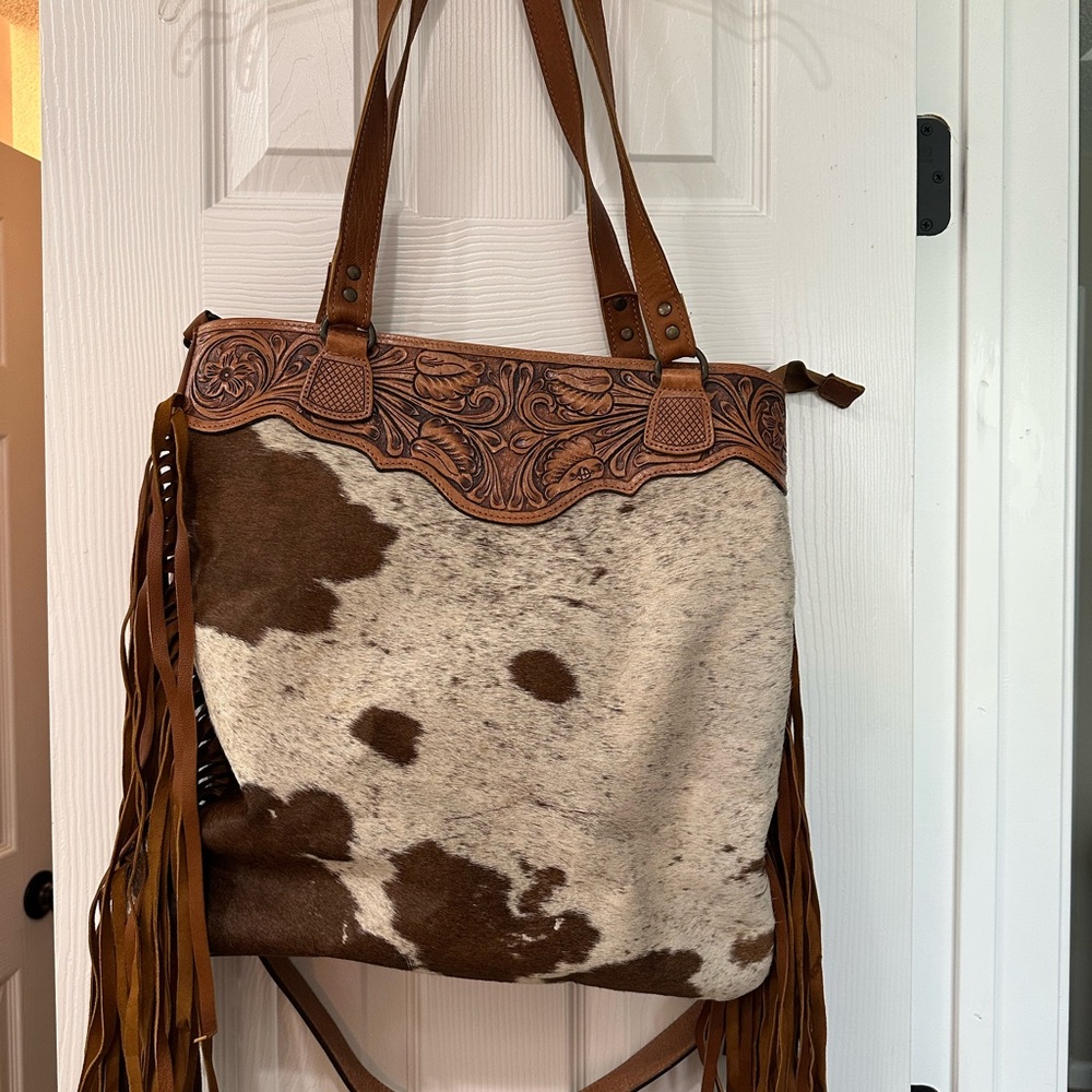 Brown and White Cowhide Tote Bag